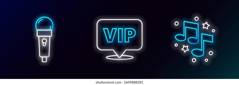 Set line Music note, tone, Microphone and Location Vip icon. Glowing neon. Vector