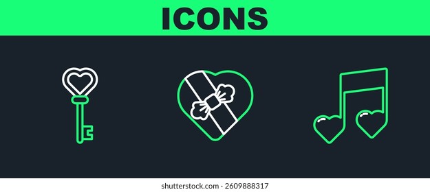 Set line Music note, tone with hearts, Key in shape and Candy shaped box icon. Vector