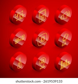 Set line Music note, tone, player, Megaphone, Sound mixer controller, Microphone, Guitar and Location musical icon. Vector