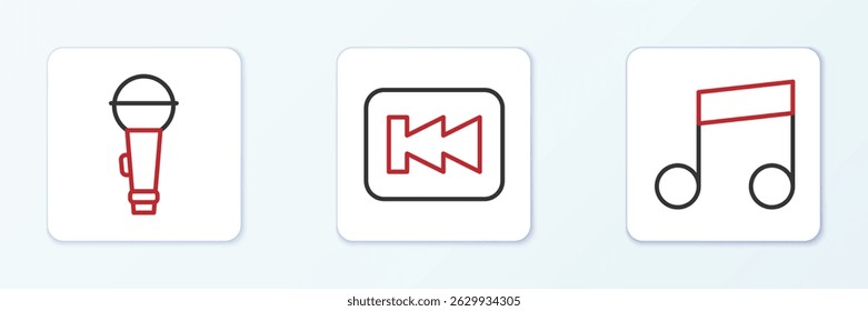 Set line Music note, tone, Microphone and Rewind button icon. Vector