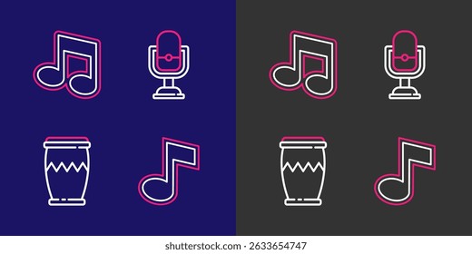 Set line Music note, tone, Drum, Microphone and  icon. Vector