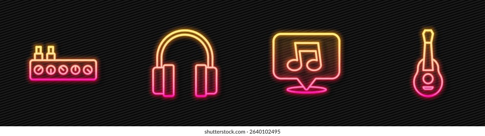 Set line Music note, tone, Sound mixer controller, Headphones and Guitar. Glowing neon icon. Vector
