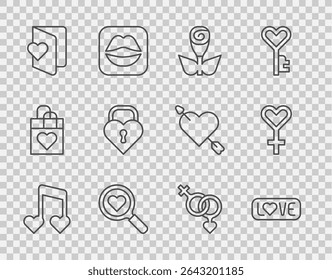 Nota de música, tono con corazones, texto de amor, rosa de flores, Búsqueda y amor, folleto del día de San Valentín, Castillo en forma de, Icono de símbolo de género femenino y género. Vector