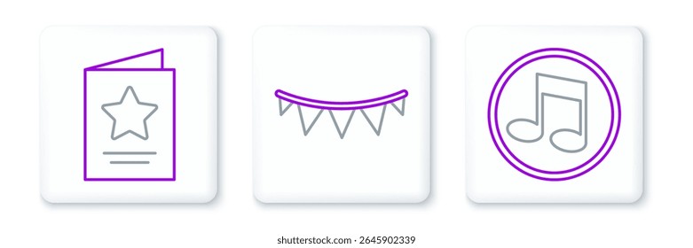 Set line Music note, tone, Greeting card and Carnival garland with flags icon. Vector