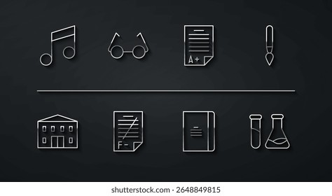 Set line Music note, tone, School building, Paint brush, Spiral notebook, Exam paper with incorrect answers, Glasses, Test tube and flask and sheet A plus grade icon. Vector