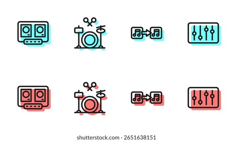 Set line Music note, tone, DJ remote and mixing music, Drums and Sound mixer controller icon. Vector