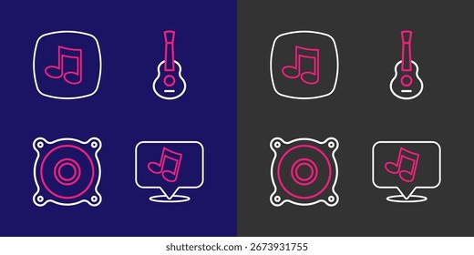 Establecer línea Nota de música, tono, altavoz estéreo, guitarra e icono. Vector