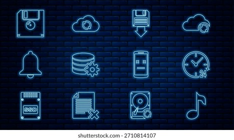 Set line Music note, tone, Clock 24 hours, Floppy disk backup, Setting database server, Ringing bell, Dead mobile and Cloud sync refresh icon. Vector