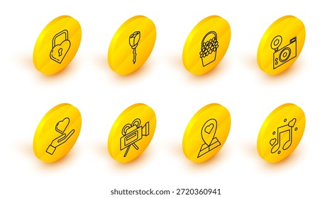 Set line Music note, tone with hearts, Map pointer, Cinema camera, Heart hand, Photo, Flowers basket, rose and Castle the shape of icon. Vector
