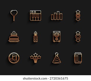 Set Linie Musik Note, Ton, Feuerwerk, Ballon in Form von Herz, Party-Hut, Bier-Dose, Geburtstagstorte Kerzen, Candy und Stereo-Lautsprecher-Symbol. Vektorgrafik
