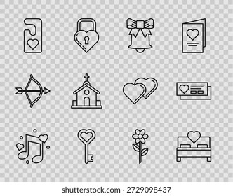 Nota de música, tono con corazones, dormitorio, timbre, forma de clave, por favor, molestar, edificio de la iglesia, flor y el icono de boleto. Vector