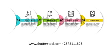 Set line Music note, tone, Bell, Calendar and Hard disk drive HDD sync refresh. Business infographic template. Vector