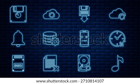 Set line Music note, tone, Clock 24 hours, Floppy disk backup, Setting database server, Ringing bell, Dead mobile and Cloud sync refresh icon. Vector