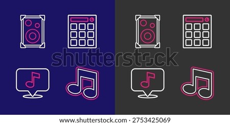Set line Music note, tone, Musical, Drum machine and Stereo speaker icon. Vector