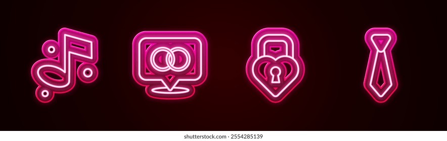 Set line Music note, Wedding rings, Castle the shape of heart and Tie. Glowing neon icon. Vector