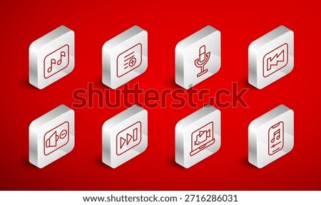 Set line Music player, Add to playlist, Microphone, Rewind button, Online video, note, tone, Fast forward and Speaker mute icon. Vector