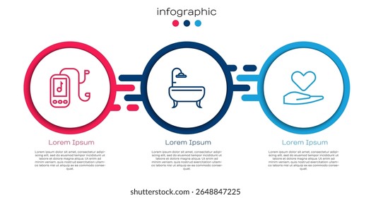 Set line Music player, Banheira e Coração à mão. Modelo de infográfico comercial. Vetor