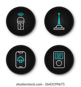 Set line Music player, Cloud technology data, Antenna and Usb wireless adapter icon. Vector