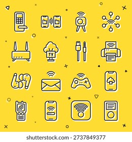 Set line Music player, Cloud technology data, Smart printer system, Web camera, Tv, Router and wi-fi signal, Digital door lock and USB cable cord icon. Vector