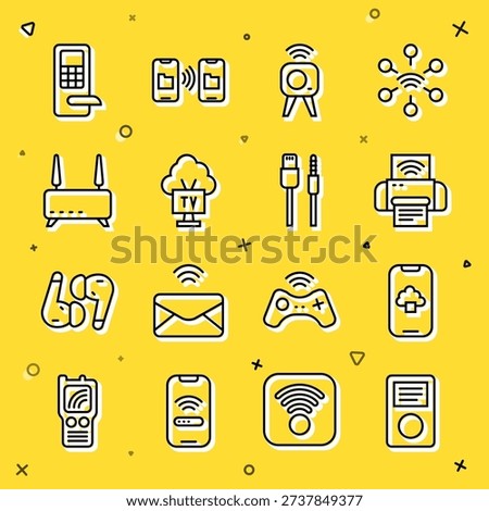 Set line Music player, Cloud technology data, Smart printer system, Web camera, Tv, Router and wi-fi signal, Digital door lock and USB cable cord icon. Vector