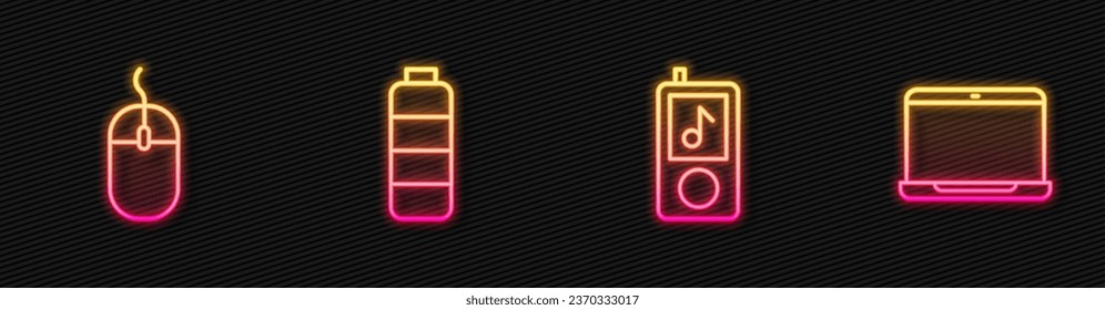 Fijar línea Reproductor de música, ratón de ordenador, indicador de nivel de carga de la batería y portátil. Icono de neón brillante. Vector