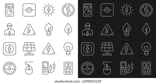 Set line Music player, Creative lamp light idea, Leaf Eco symbol, Solar energy panel, High voltage, Electrician, Ampere meter, multimeter and Light bulb with leaf icon. Vector