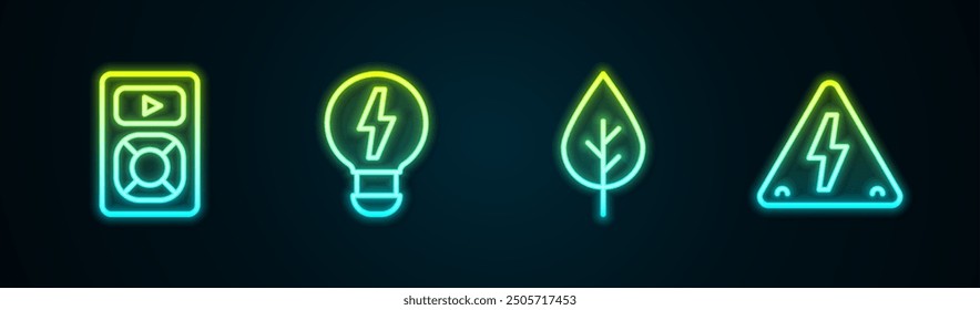 Jugador de la música de la línea del sistema, idea creativa de la luz de la lámpara, símbolo de Eco de la hoja y alto voltaje. Icono de neón brillante. Vector