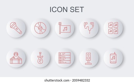 Set line Music player, DJ playing music, festival flag, Stereo speaker, Microphone, CD or DVD disk, Electric bass guitar and playlist icon. Vector