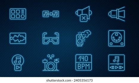 Set line Music player, Drum machine, Speaker mute, Glasses, wave equalizer, Stereo speaker and note, tone icon. Vector
