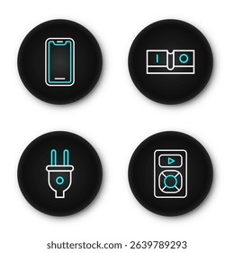 Set line Music player, Electric plug, light switch and Mobile phone icon. Vector