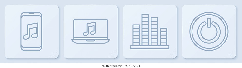 Set line Music player, Music equalizer, Laptop with music note and Power button. White square button. Vector
