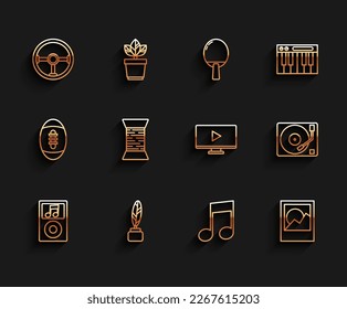 Set line Music player, Feather and inkwell, Steering wheel, note, tone, Photo frames, Sewing thread spool, Vinyl with vinyl disk and Online video icon. Vector