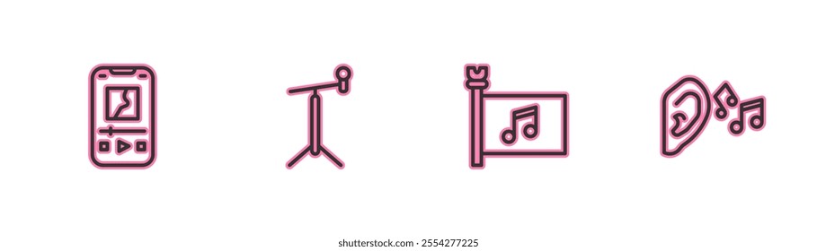 Set line Music player, festival flag, Microphone with stand and Ear listen sound signal icon. Vector