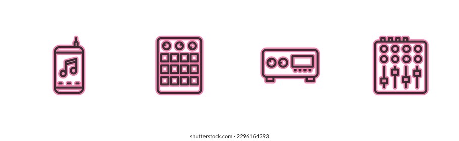 Set line Music player, Guitar amplifier, Drum machine and Sound mixer controller icon. Vector