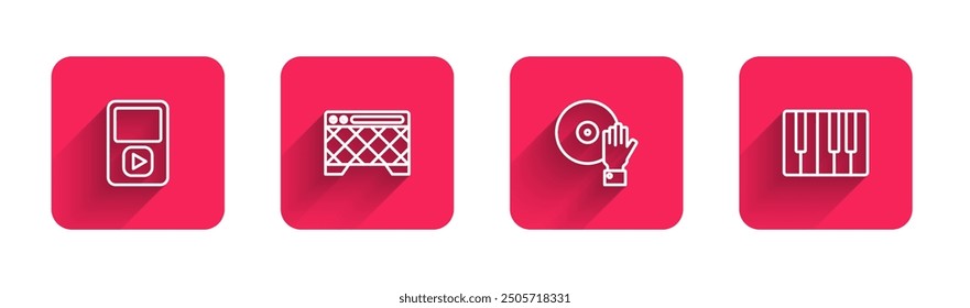 Set line Music player, Guitar amplifier, DJ playing music and synthesizer with long shadow. Red square button. Vector