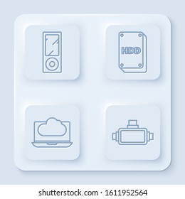 Set line Music player, Hard disk drive HDD, Cloud technology data transfer and storage and Virtual reality glasses. White square button. Vector