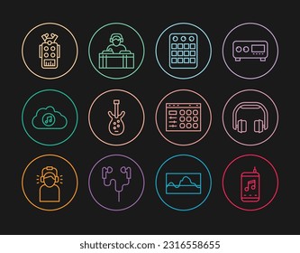 Set line Music player, Headphones, Drum machine, Electric bass guitar, streaming service, Microphone,  and DJ playing music icon. Vector