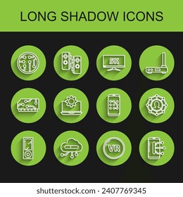 Set line Music player, Internet of things, Processor, Virtual reality, Smartphone, mobile phone, Laptop and gear, Project team base and Mobile graphic password protection icon. Vector