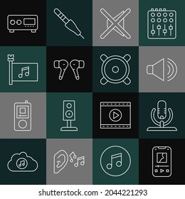Set line Music player, Microphone, Speaker volume, mute, Air headphones, festival flag, Guitar amplifier and Stereo speaker icon. Vector