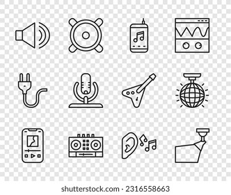 Set line Music player, Movie spotlight, DJ remote and mixing music, Speaker volume, Microphone, Ear listen sound signal and Disco ball icon. Vector