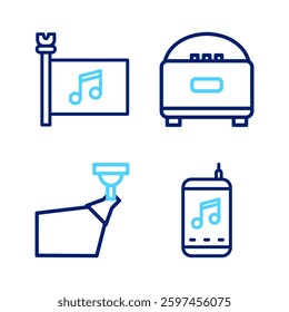 Set line Music player, Movie spotlight, Stereo speaker and festival flag icon. Vector
