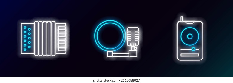 Set line Music player, Musical instrument accordion and Microphone icon. Glowing neon. Vector