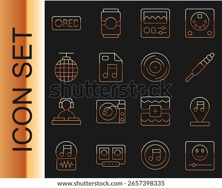 Set line Music player, note, tone, Audio jack, Drum machine, MP3 file document, Disco ball, Record button and Vinyl disk icon. Vector