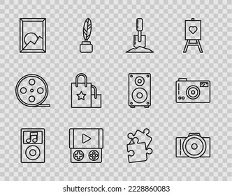 Set line Music player, Photo camera, Shovel in the ground, Portable video game console, Picture landscape, Paper shopping bag, Piece of puzzle and  icon. Vector