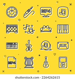 Set line Music player, Retro audio cassette tape, synthesizer, MP4 file document, note, tone, Guitar amplifier, Sound mixer controller and Tambourine icon. Vector