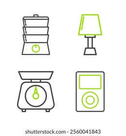 Set line Music player, Scales, Table lamp and Double boiler icon. Vector