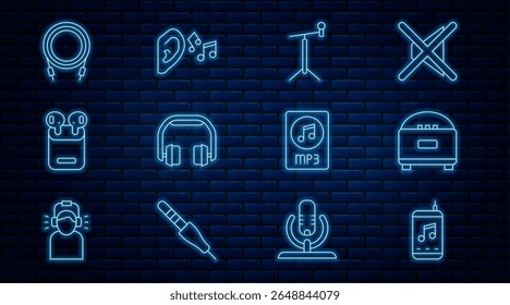 Set line Music player, Stereo speaker, Microphone with stand, Headphones, Air headphones in box, Audio jack, MP3 file document and Ear listen sound signal icon. Vector