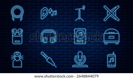 Set line Music player, Stereo speaker, Microphone with stand, Headphones, Air headphones in box, Audio jack, MP3 file document and Ear listen sound signal icon. Vector