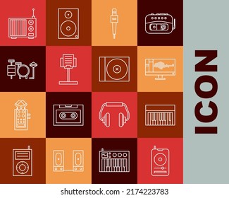 Set line Music player, synthesizer, Sound or audio recorder on monitor, Microphone, stand, Drums, Radio with antenna and CD DVD disk icon. Vector