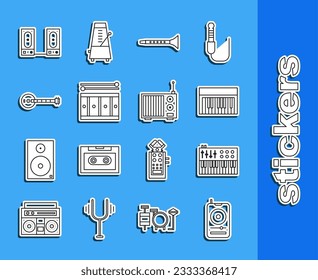 Set line Music player, synthesizer, Clarinet, Drum with drum sticks, Banjo, Stereo speaker and Radio antenna icon. Vector